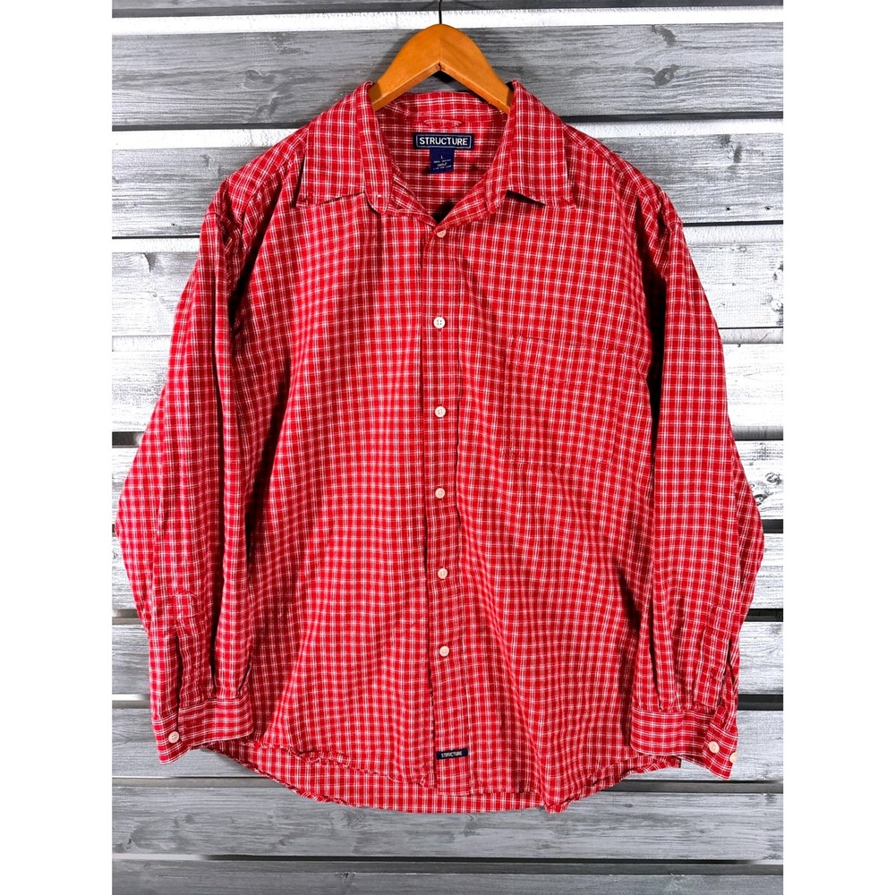 Structure Mens Red Plaid Long Sleeve Button Down Flannel Shirt L Vintage y2k